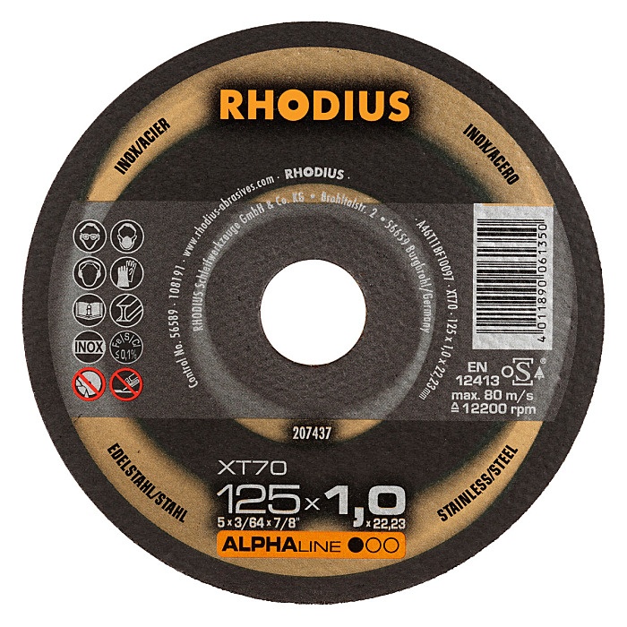 Kappeskive for rustfritt stål Rhodius 207437; 125x1,0x22,23 mm