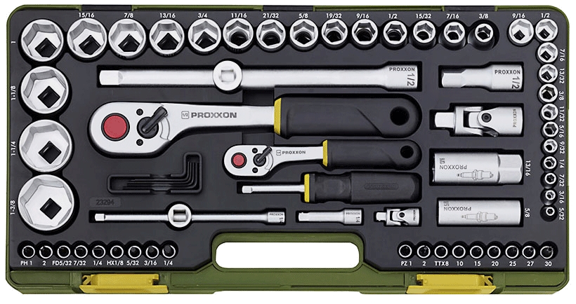 Tommesett med pipenøkler Proxxon 65 stk.; 1/4''+1/2''