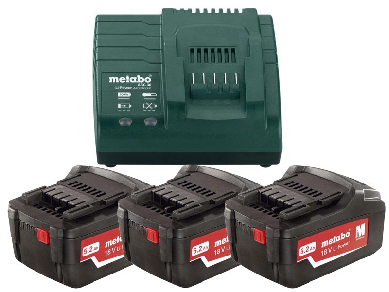 Batteri Metabo 18 V; 5,2 Ah; Li-ion; 3 stk. + batterilader Metabo ASC 30-36