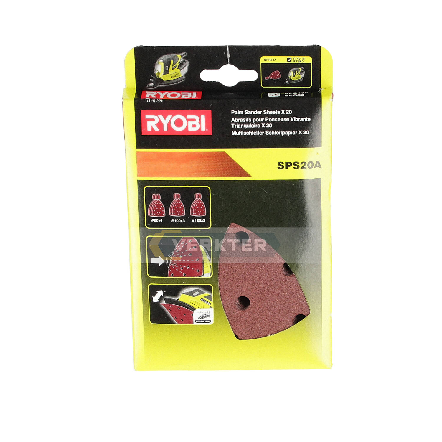 Slipepapir + slipepapir for trange steder RYOBI SPS20A; K80, K100, K120; 20 stk