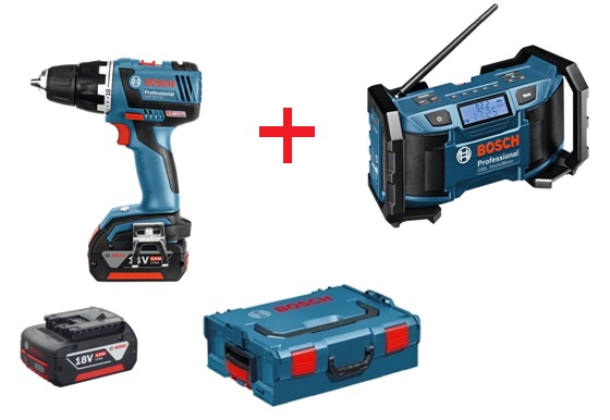 Skrutrekker/bor Bosch GSR 18 V-EC; 18 V; 2x4,0 Ah batteri. + Radio DML SoundBoxx