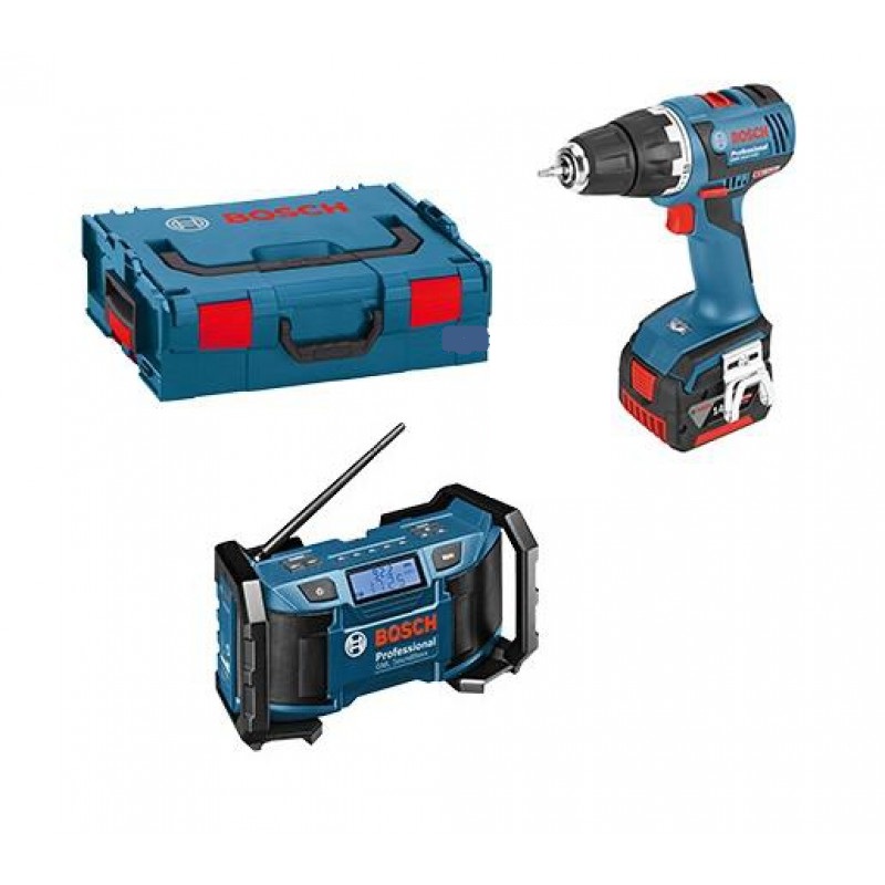 Skrutrekker/bor Bosch GSR 14,4 V-EC; 14,4 V; 2x4,0 Ah batteri. + Radio DML SoundBoxx
