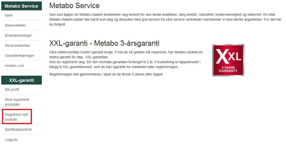 METABO XXL garanti